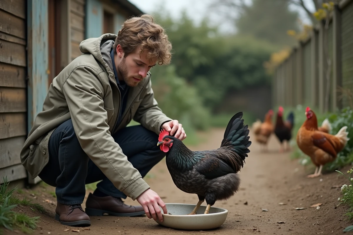 Jeune homme observant une poule Blue d