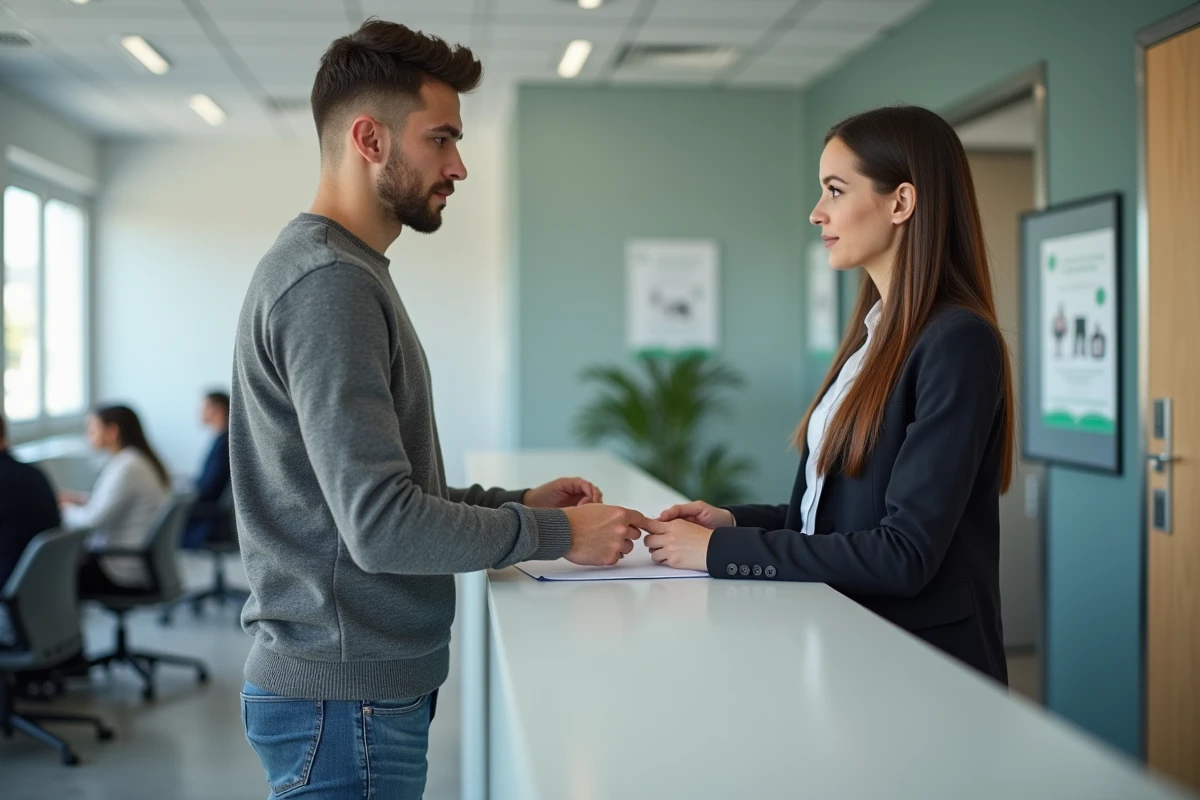 Jeune homme au bureau social français remettant des papiers à la réception