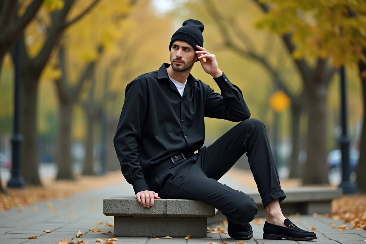 Jeune homme en tenue monochrome dans un parc urbain