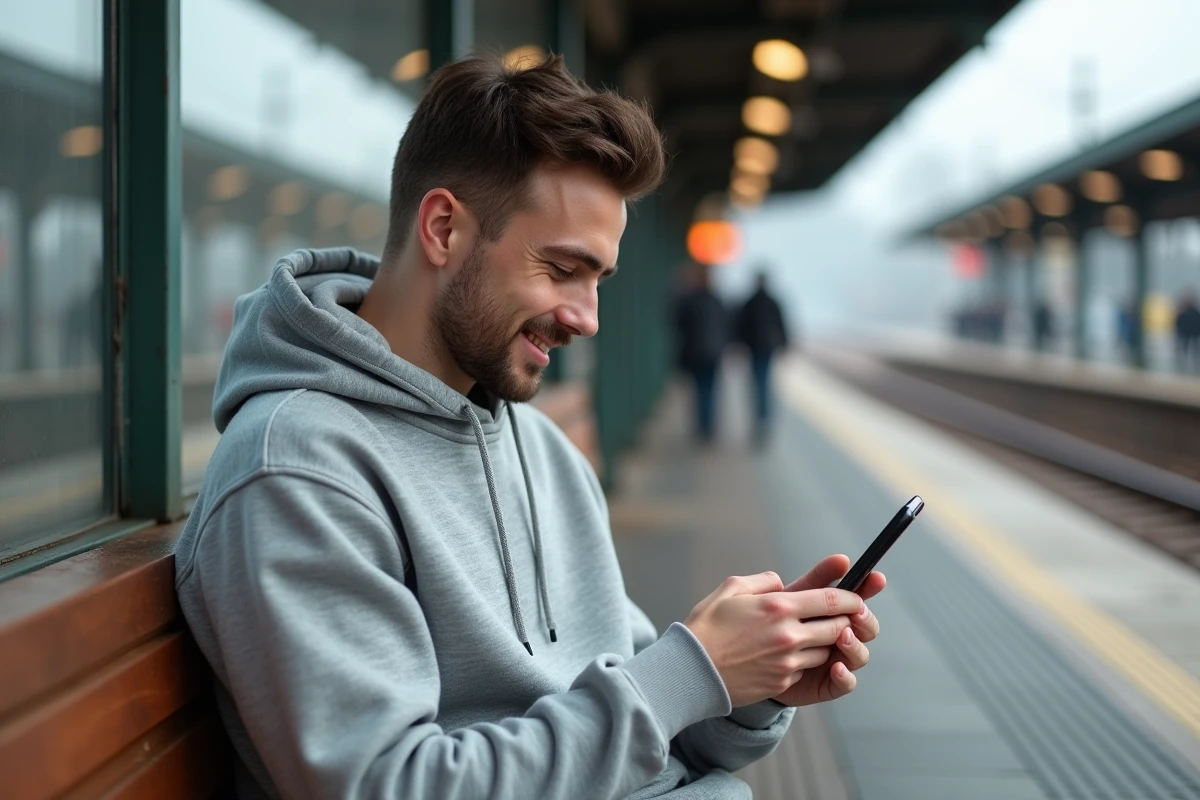 Jeune homme sur une plateforme de train utilisant son téléphone