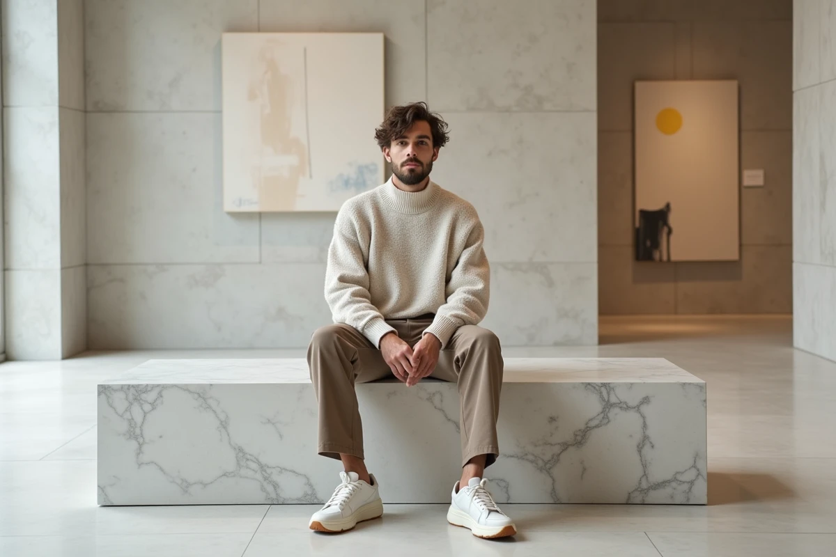 Jeune homme en pull oversize dans une galerie d
