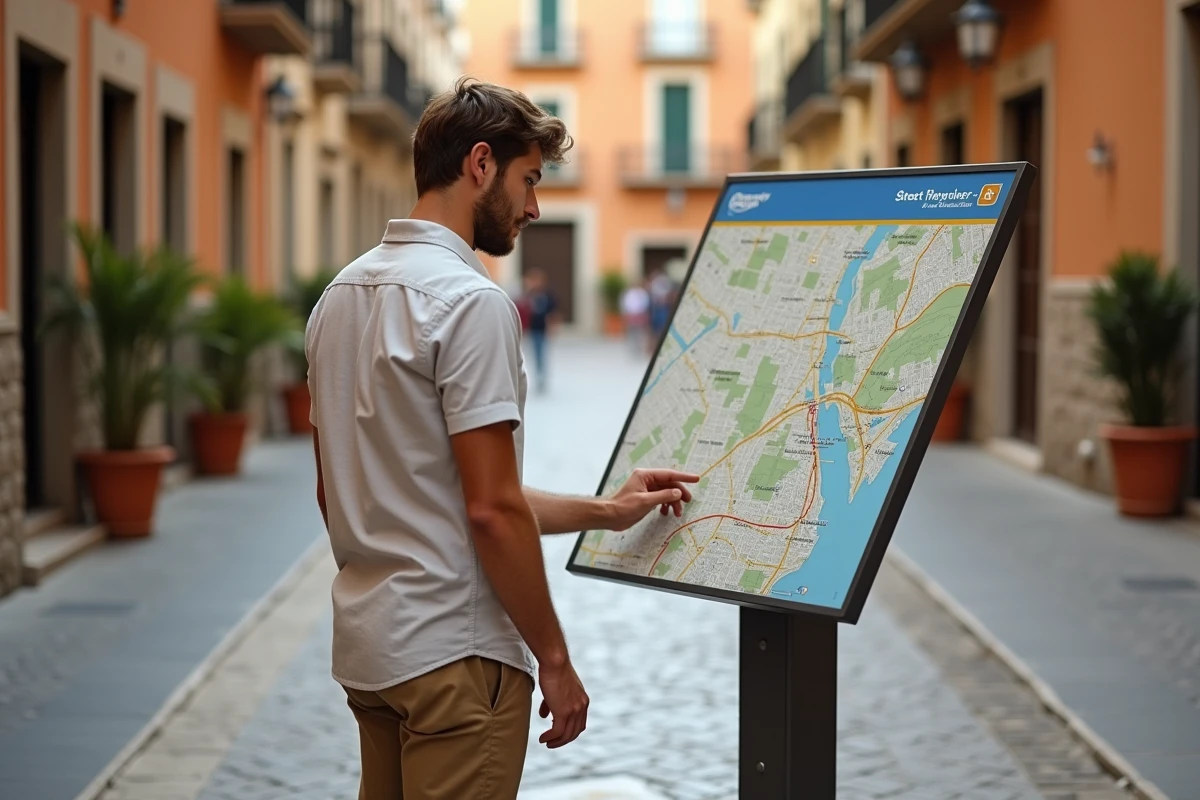 Jeune homme regardant une carte ZTL dans une place sicilienne