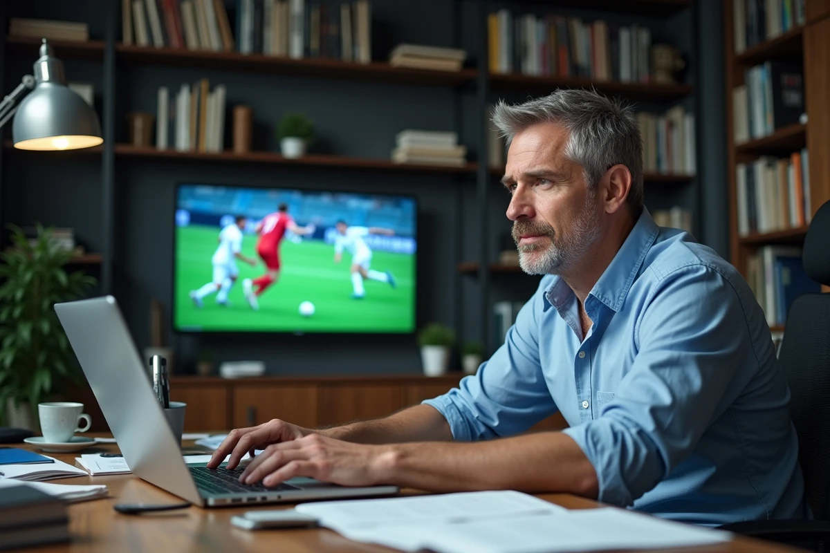 Journaliste sportif au bureau en train de taper sur son ordinateur