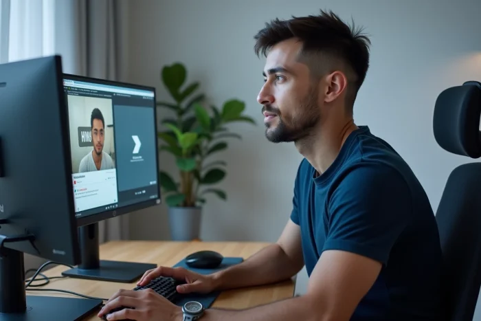 Homme utilisant un logiciel de conversion vidéo YouTube en MP4 sur un bureau multi-écrans