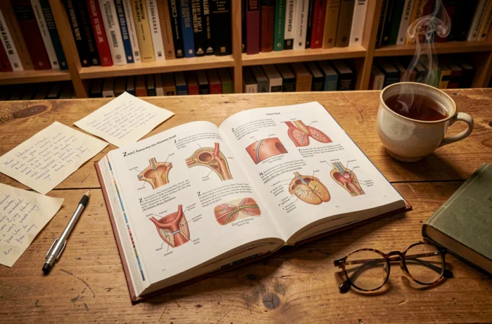 Manuel d'anatomie ouvert sur une page illustrant des parties du corps humain commençant par Z posé sur un bureau en bois avec des notes manuscrites