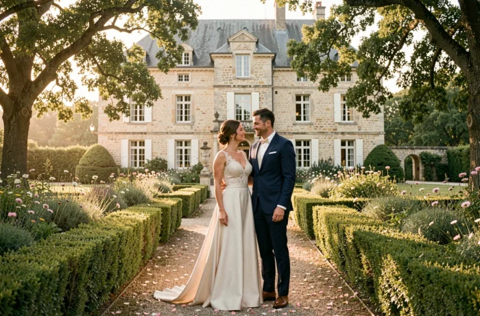 Mariés souriants devant un château en pierre entouré de fleurs sauvages et de haies soignées lors de leur mariage en plein air