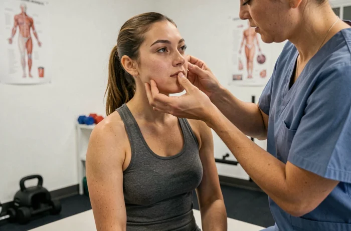 Kinésithérapeute examinant l'os zygomatique d'une patiente lors d'une séance de rééducation en clinique