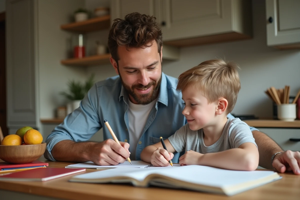 Papa aidant son fils avec ses devoirs à la table de cuisine
