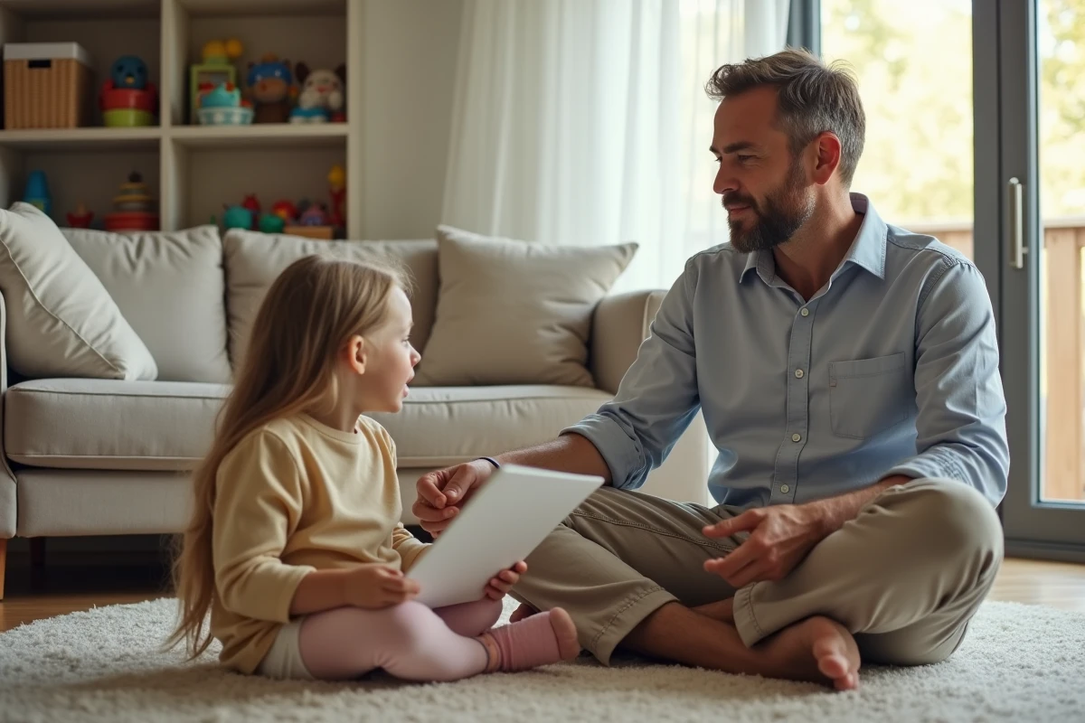 Papa écoute sa fille raconter une histoire à la maison
