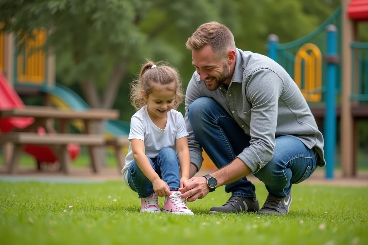 Papa aide sa fille à lacer ses baskets dans un parc ensoleille