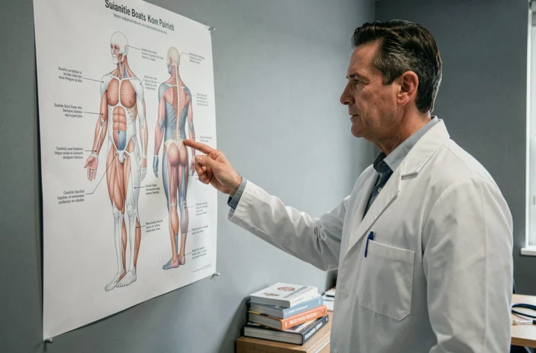 Médecin pointant un diagramme anatomique du corps humain avec des zones méconnues annotées dans un cabinet médical moderne