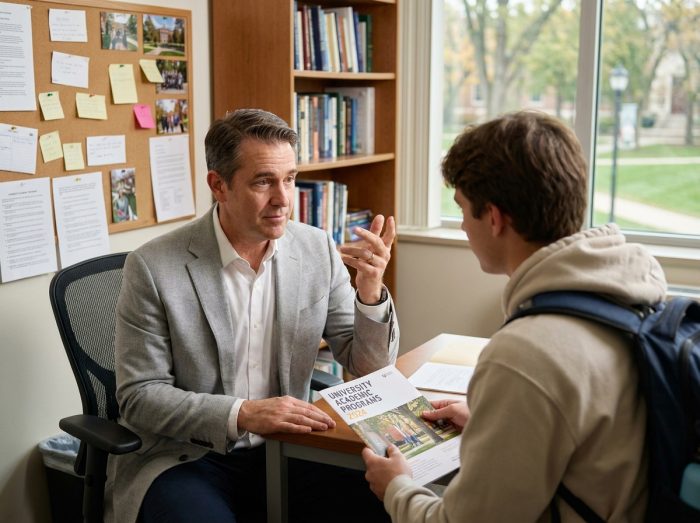 Conseiller pédagogique et étudiant en entretien d'orientation pour une prépa entertainment dans un bureau académique