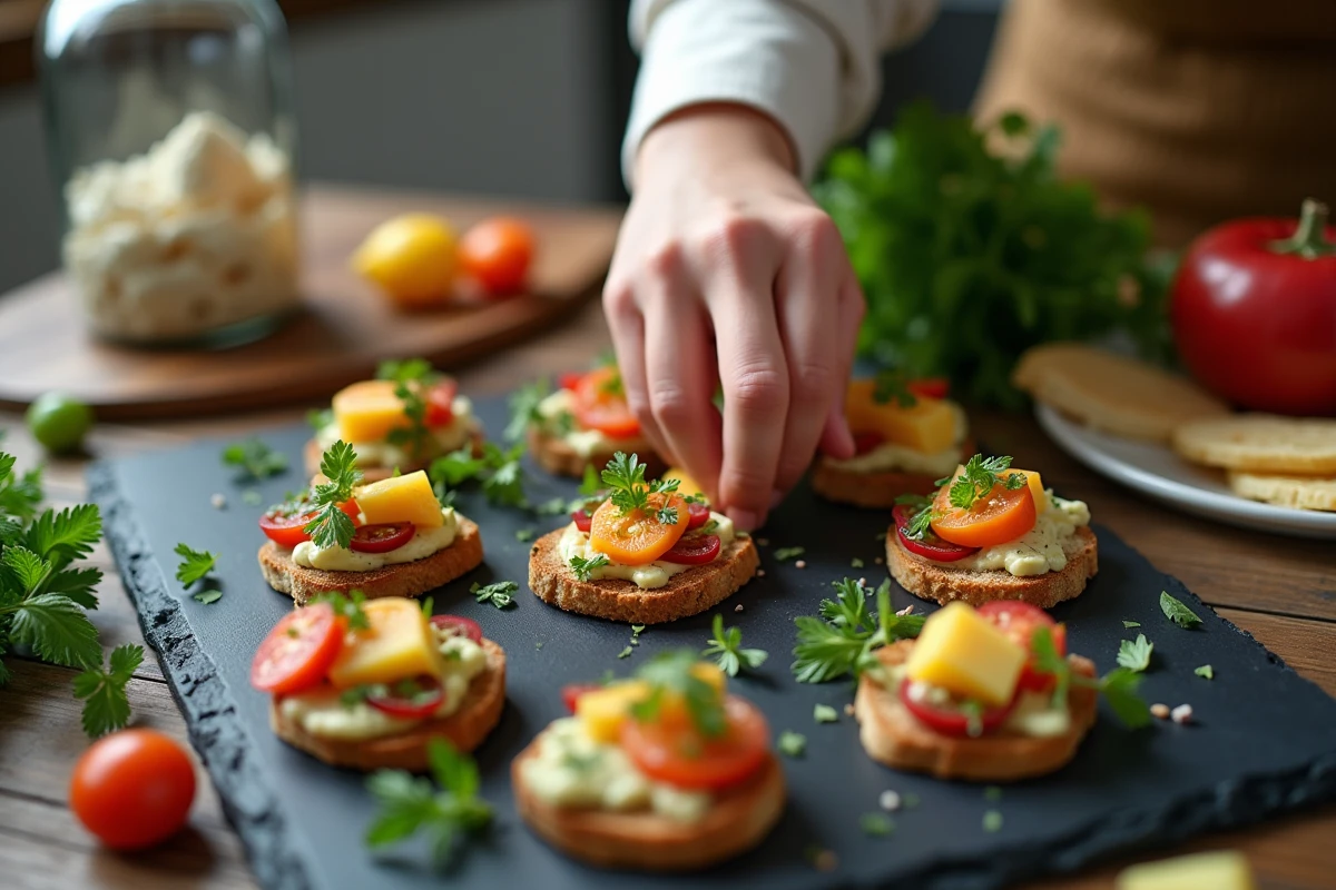 Main disposant des amuse-bouches colorés sur une planche rustique