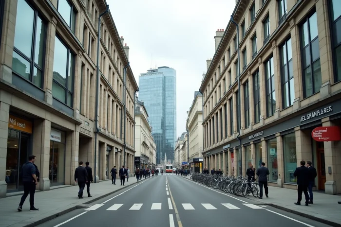 Quartier d'affaires de Rennes avec immeubles de sièges sociaux d'entreprises et boulevard animé en journée