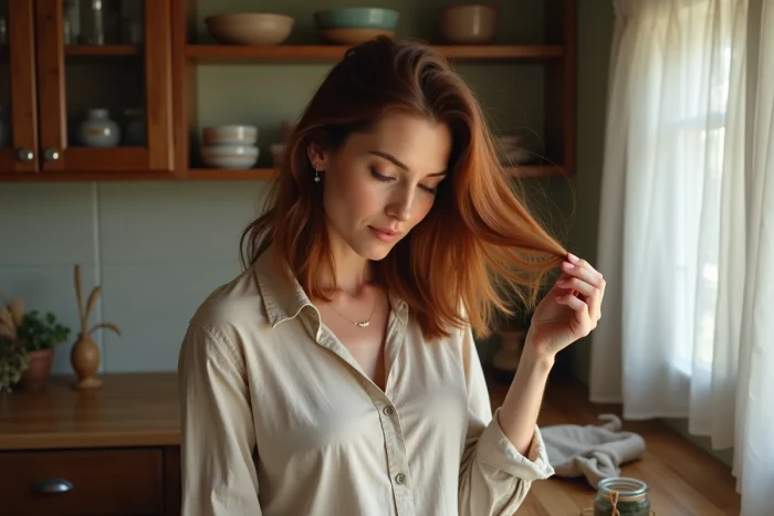 Femme examinant ses racines naturelles avant une coloration végétale au henné dans une cuisine au style naturel