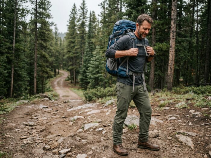 Hiker equipped with a new backpack adjusting his straps at the start of a mountain trail