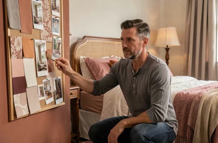 Homme testant une peinture terracotta sur un mur de chambre à coucher avec tableau d'inspiration déco et literie en lin