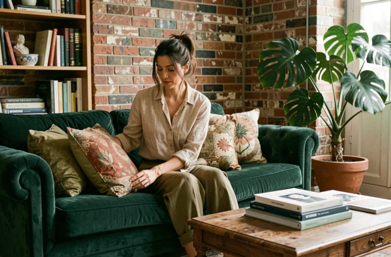 Femme décorant un salon bohème chic avec canapé velours vert émeraude et plante tropicale dans un appartement au style vintage