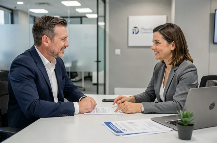 Rendez-vous avec un conseiller bancaire pour discuter d'un dossier de prêt immobilier