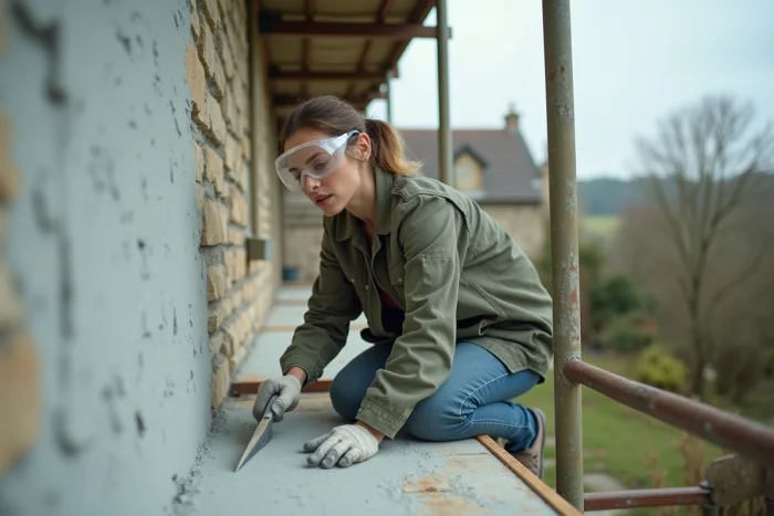 Femme appliquant un enduit extérieur sur la façade en pierre d'une maison de campagne depuis un échafaudage