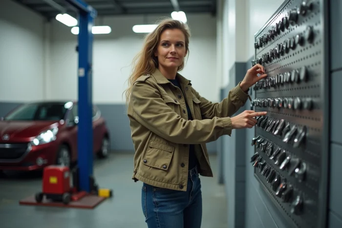 Femme choisissant un outil dans un self garage en Bretagne