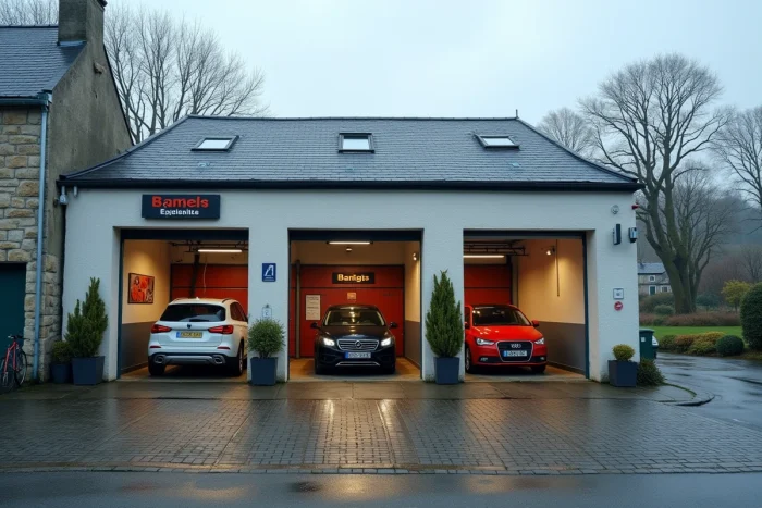 Vue extérieure d'un self garage en Bretagne avec plusieurs véhicules en entretien