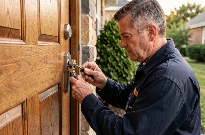 Serrurier professionnel installant une serrure haute sécurité sur une porte d'entrée en chêne massif
