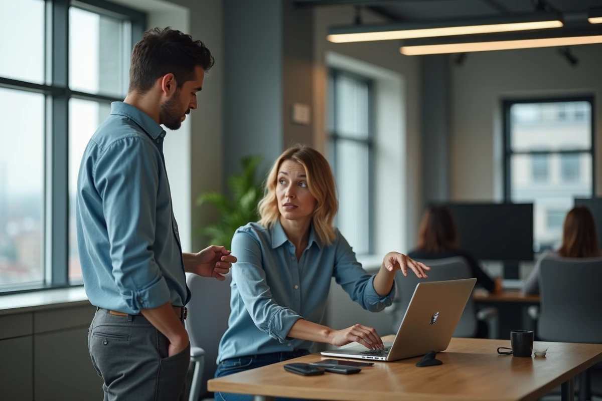 Technicien informatique aidant une femme au bureau