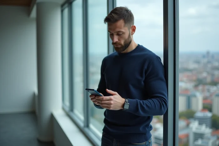 Homme téléchargeant une application sur iPhone dans un appartement moderne avec vue urbaine