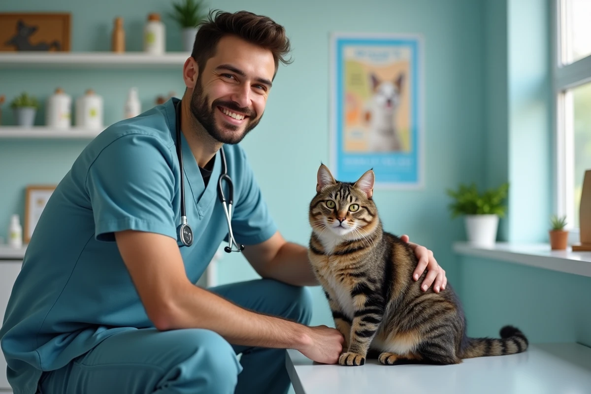 Vétérinaire jeune avec un chat dans une clinique animalière moderne