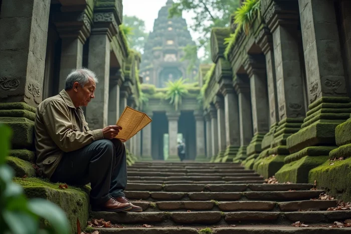 Voyageur consultant une carte devant des ruines de temple antique entourées de jungle tropicale en Asie du Sud-Est